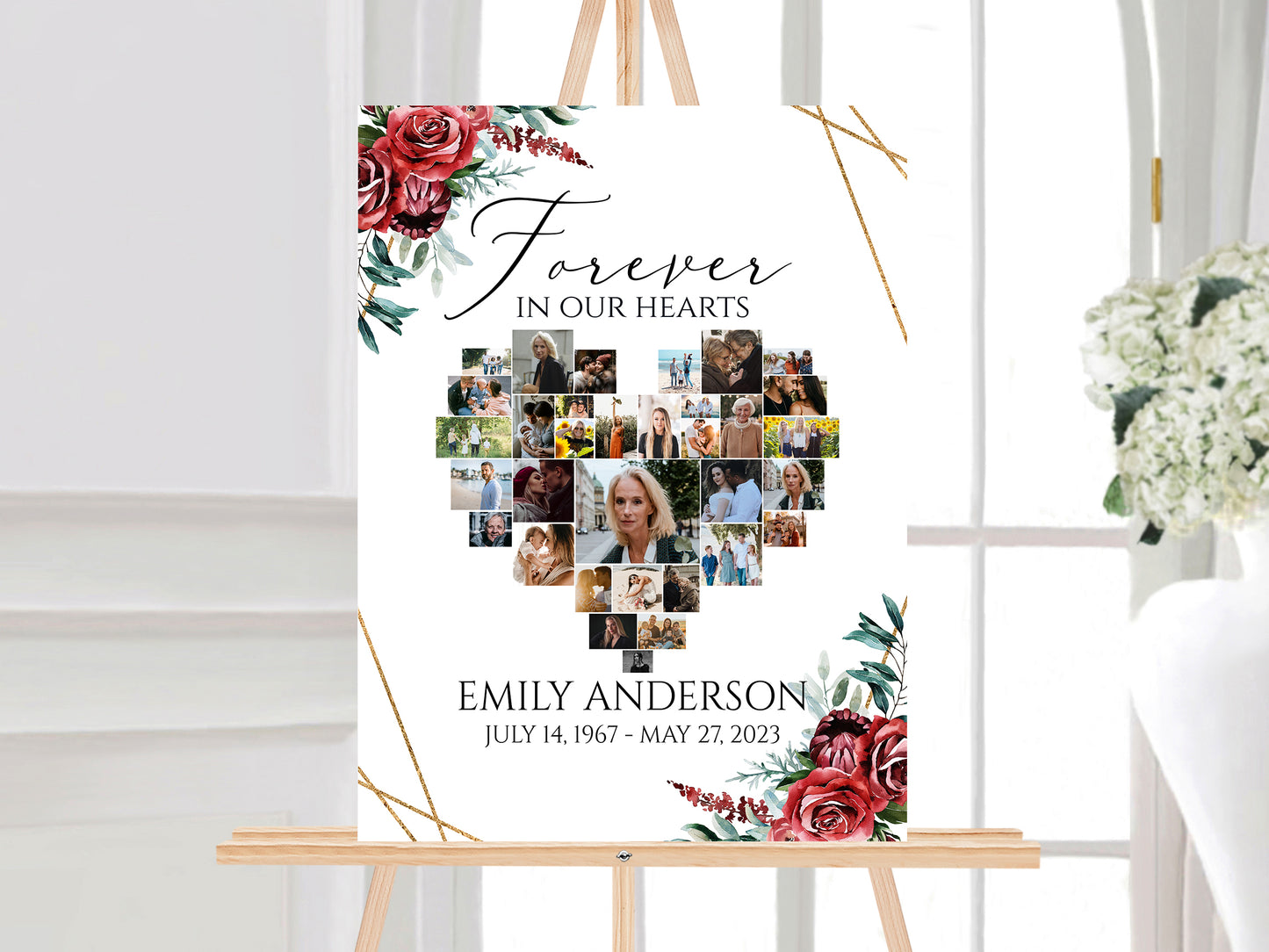 Celebration Of Life Heart Funeral Welcome Sign, Burgundy Funeral Photo Collage Poster Red Roses Heart Memorial Sign Forever in our Hearts R2