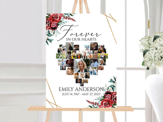 Celebration Of Life Heart Funeral Welcome Sign, Burgundy Funeral Photo Collage Poster Red Roses Heart Memorial Sign Forever in our Hearts R2