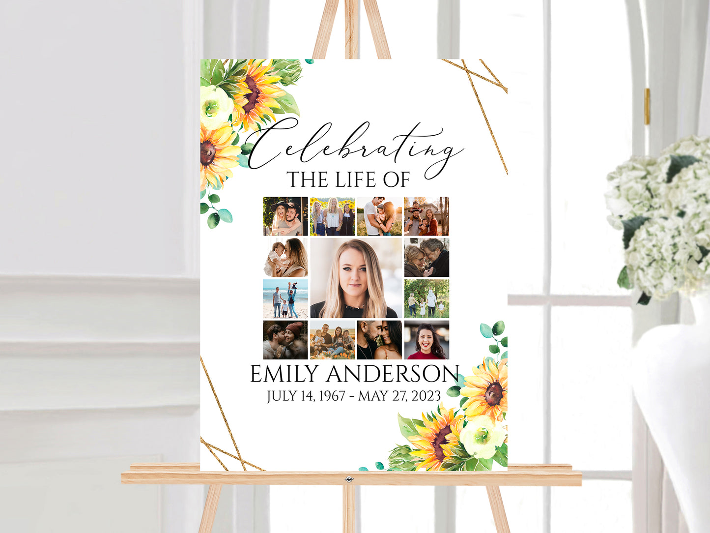 Celebration Of Life Sunflower Photo Collage Funeral Welcome Sign Template, Sunflower Photo Collage Funeral Poster, Sunflower Photo Collage Memorial Service Sign