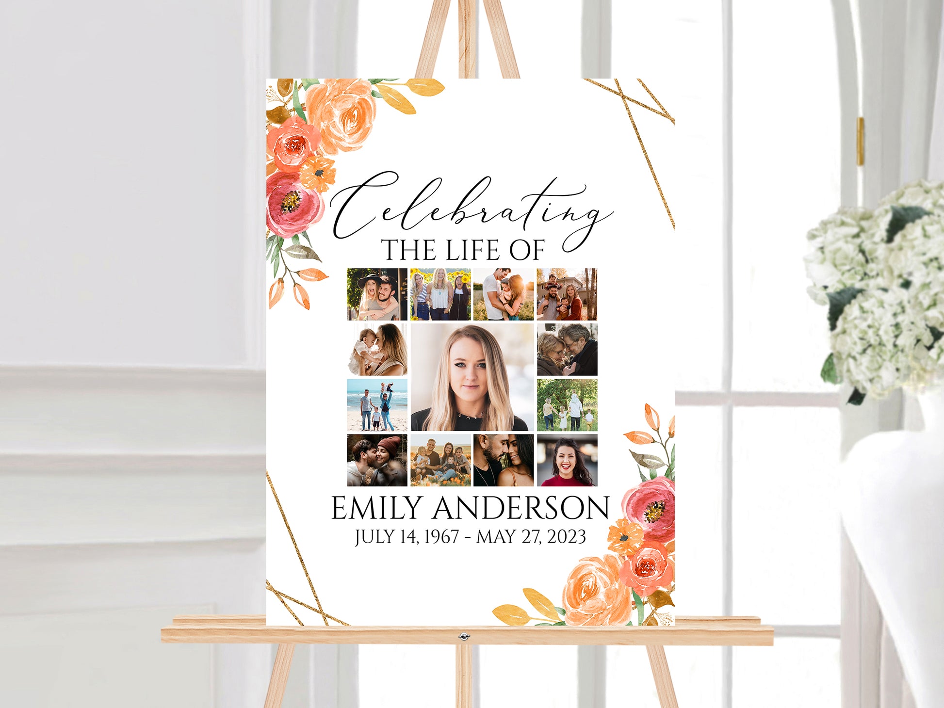 Celebration Of Life Fall Orange Floral Gold Autumn Photo Collage Funeral Welcome Sign Template, Fall Photo Collage Funeral Sign, Autumn Memorial Sign