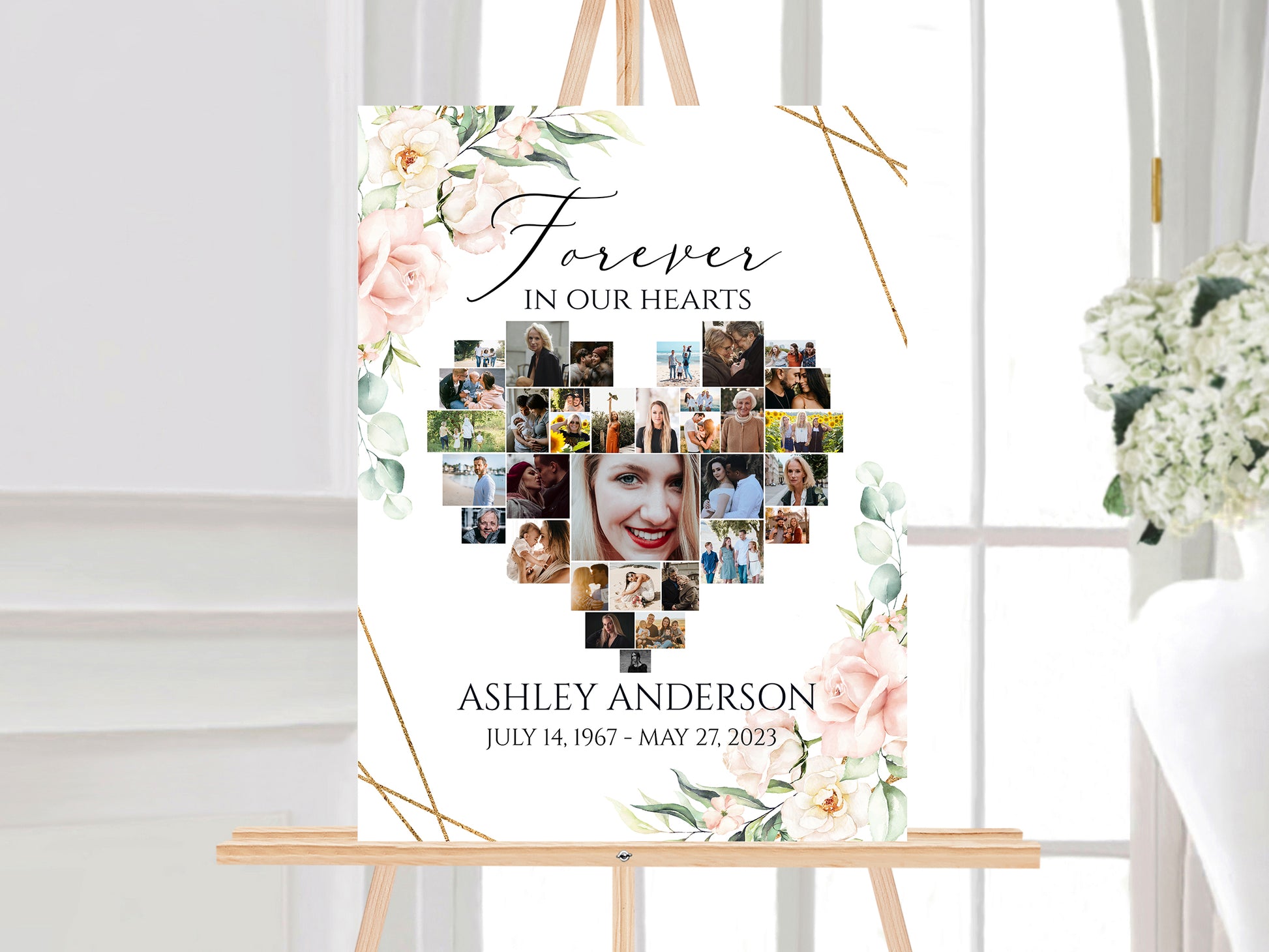 Forever in our Hearts Blush Pink Roses 5 Photo Collage Funeral Welcome Sign Set Templates , Forever in our Hearts Memorial Photo Display Set P4