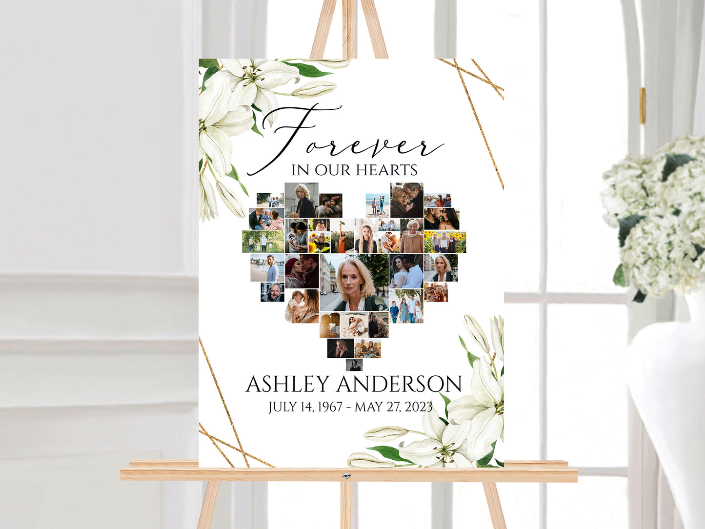 Forever in our Hearts White Lilies Greenery Gold Heart Photo Collage Funeral Welcome Sign Templates, White Lilies Heart Collage Funeral Sign, Memorial Photo Display Setň