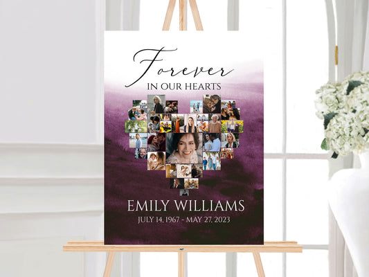 Forever in our Hearts Pink Fuchsia Watercolor Heart Photo Collage Funeral Welcome Sign Template, Editable Heart Funeral Photo Collage Poster, Purple Memorial Sign