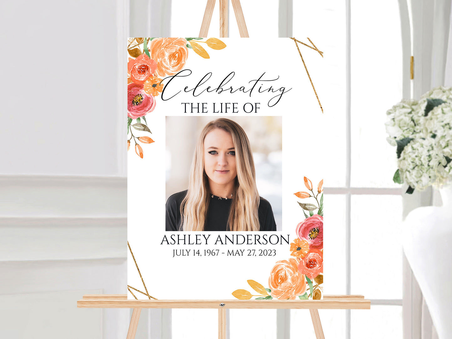 Celebration Of Life Orange Floral Gold Fall Funeral Welcome Sign Template, Fall Funeral Welcome Sign, Orange Fall Memorial Sign, Autumn Funeral Welcome Sign