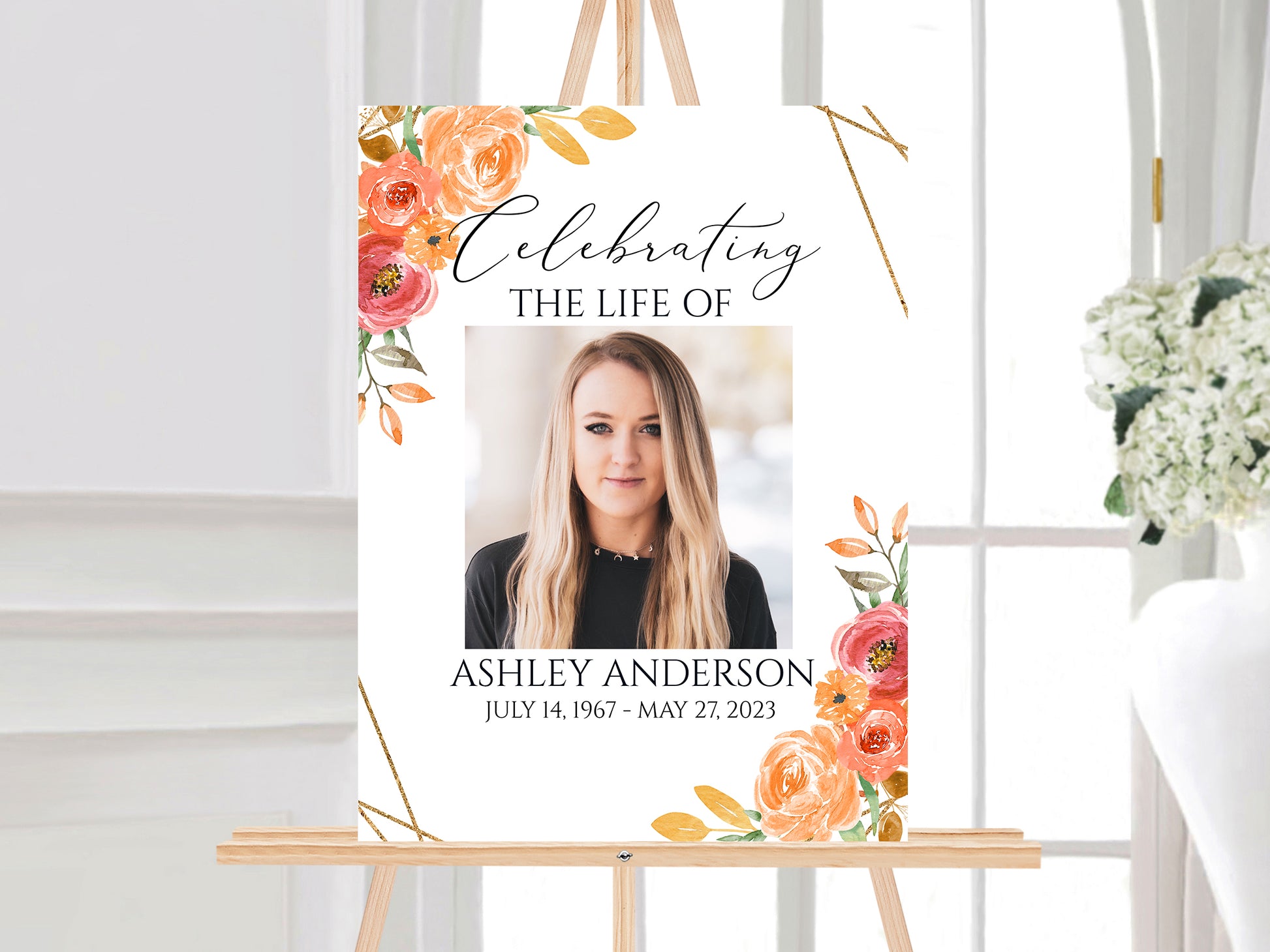 Celebration Of Life Orange Floral Gold Fall Funeral Welcome Sign Template, Fall Funeral Welcome Sign, Orange Fall Memorial Sign, Autumn Funeral Welcome Sign