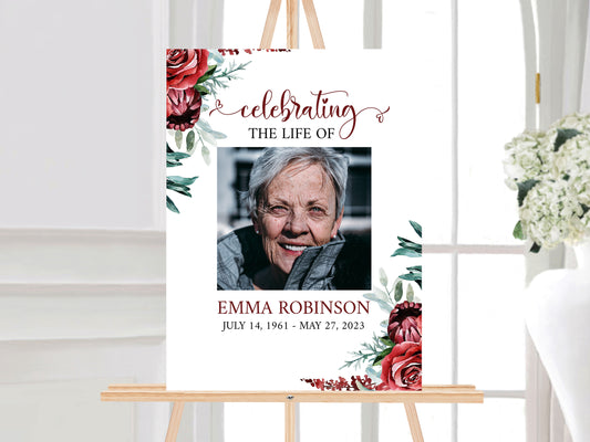 Celebration Of Life Welcome Sign, Red Roses Funeral Welcome Sign, In Loving Memory, Burgundy Memorial Sign Editable Burgundy Funeral Sign R2