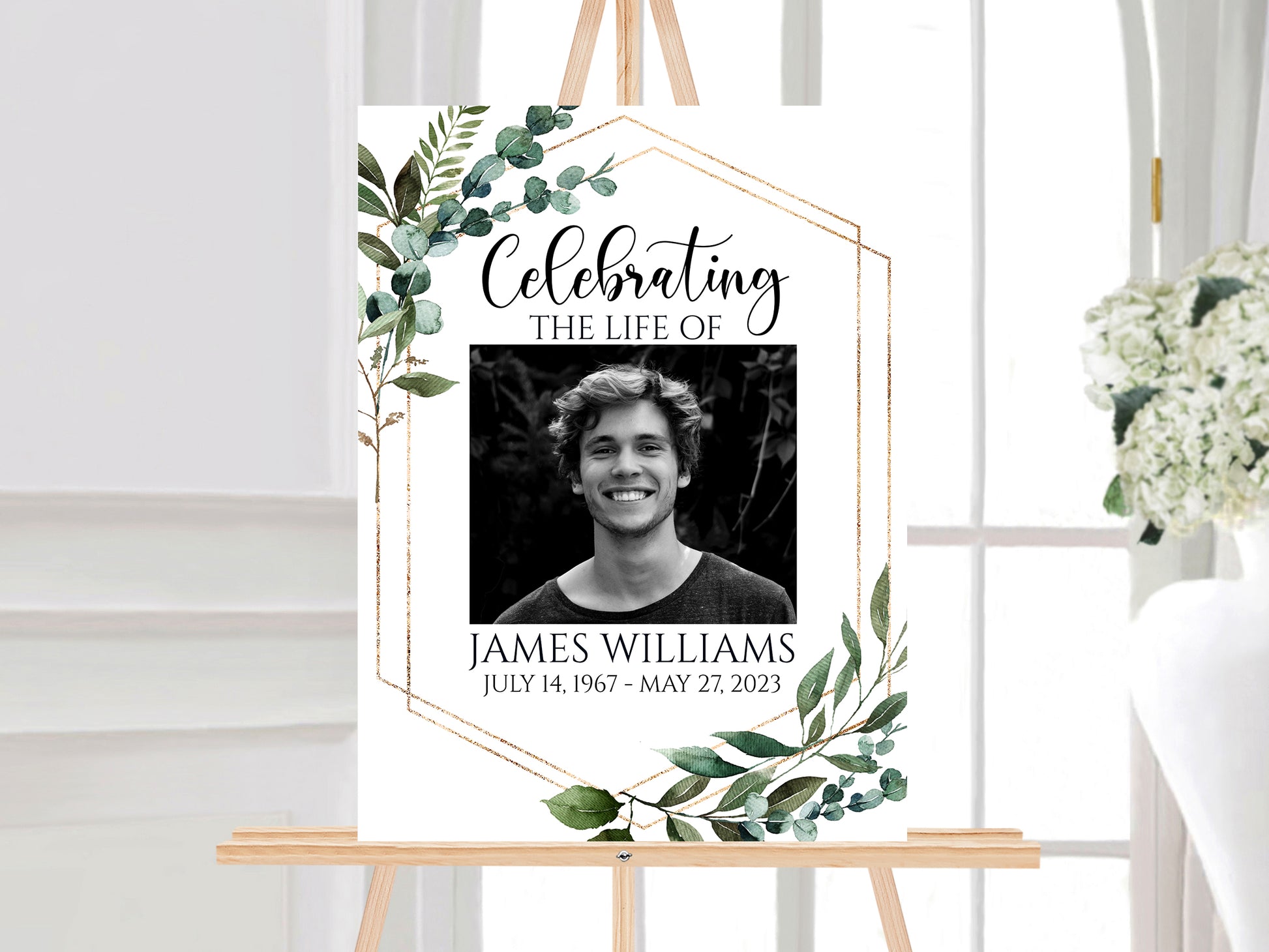 Celebration Of Life Watercolor Greenery Gold Funeral Welcome Sign Template, In Loving Memory Welcome Sign, Obituary Memorial Sign Funeral Welcome Poster Q1