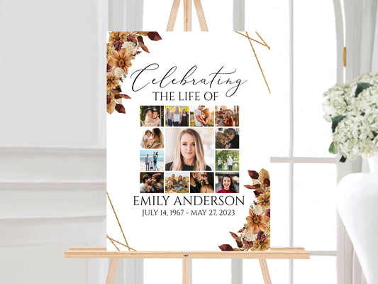 Celebration Of Life Orange Brown Dried Leaves Fall Photo Collage Funeral Welcome Sign Template, Autumn Photo Collage Memorial Service Poster