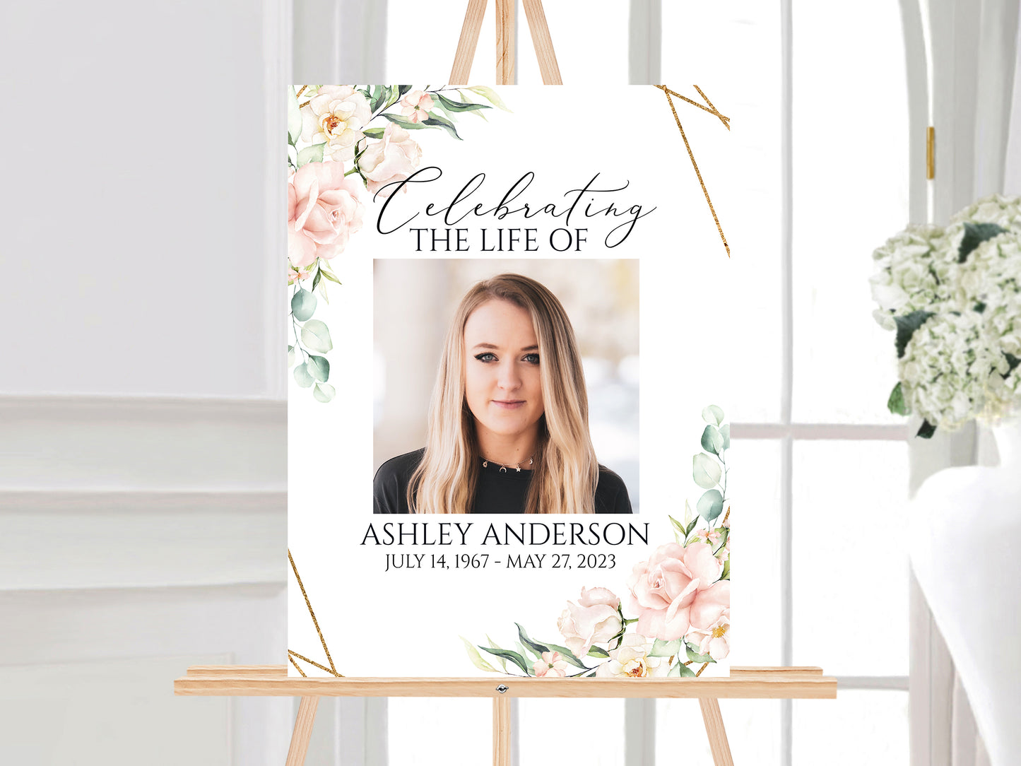 Celebration Of Life Blush Pink Roses 5 Photo Collage Funeral Welcome Sign Set, Photo Memorial Sign, Funeral Photo Display Set P4