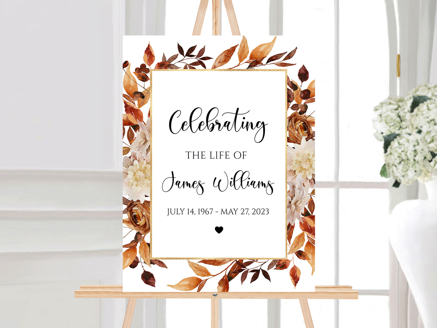 Celebration Of Life Orange Brown Dried Leaves Fall Funeral Welcome Sign Template, Dried Leaves Fall Memorial Sign, Autumn Funeral Welcome Sign