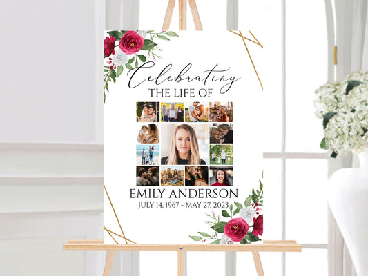 Celebration Of Life White Pink Roses Photo Collage Funeral Welcome Sign Template  Multiple Photos Funeral Poster, Editable White Pink Roses Photo Collage Memorial Sign