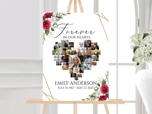 Celebration Of Life Forever in our Heart White Pink Roses Heart Photo Collage Funeral Welcome Sign Template Hearts Memorial Photo Collage Poster Memory Sign P2