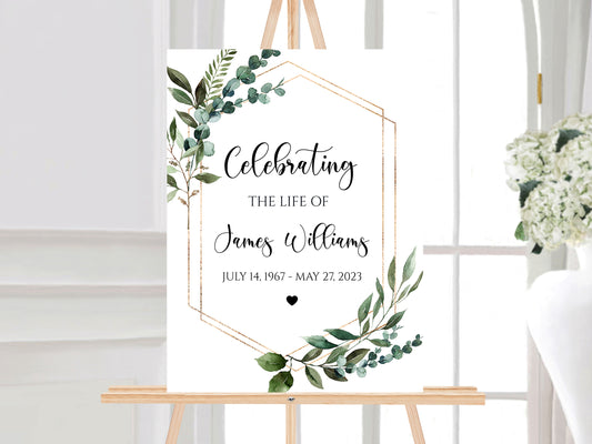 Celebration Of Life Watercolor Greenery Gold Funeral Welcome Sign Template, Memorial Welcome Poster, Obituary Memorial Sign, Greenery Funeral Welcome Sign Q1