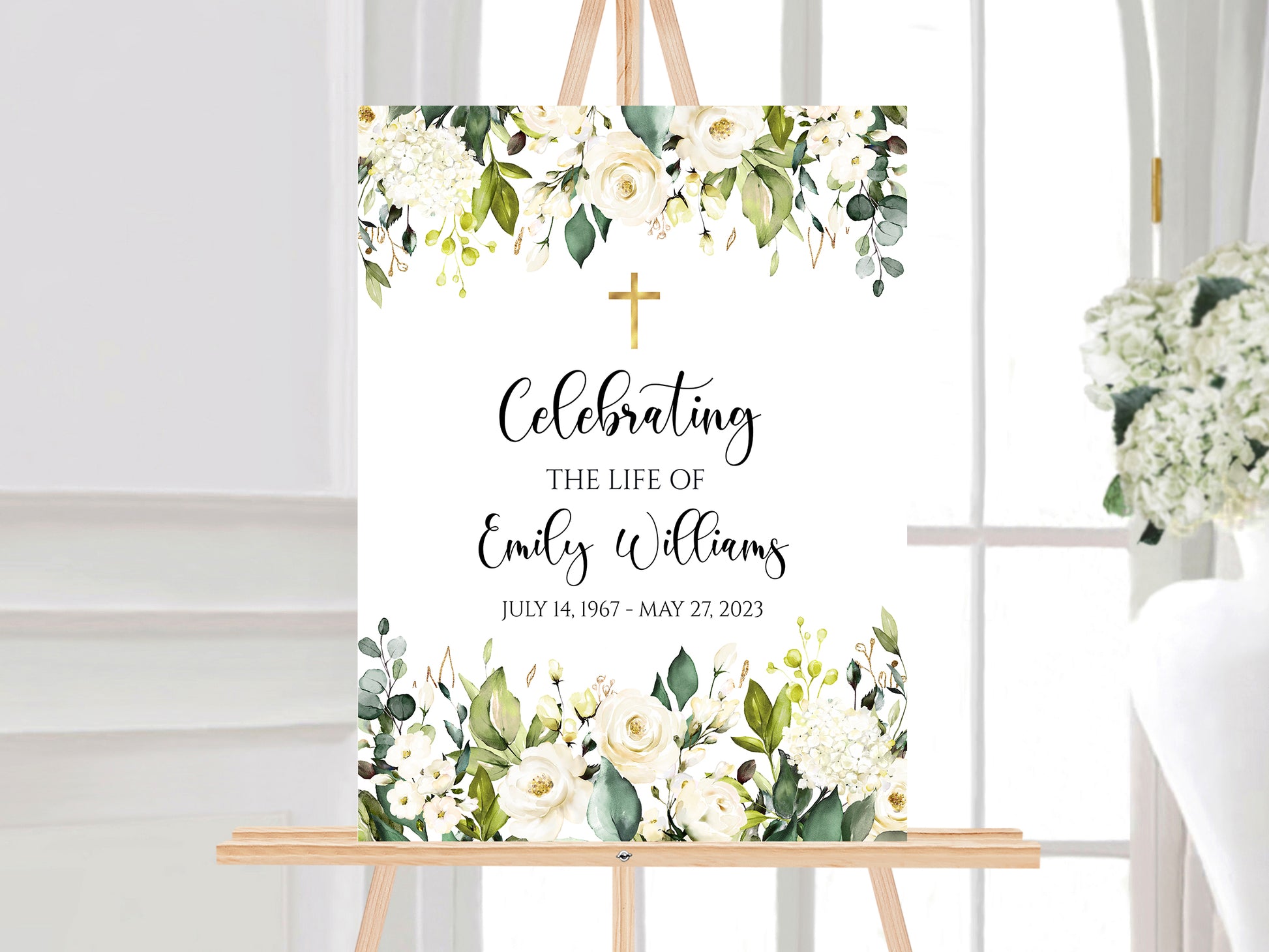 Celebration Of Life White Greenery Floral Gold Cross Funeral Welcome Sign Template Gold Cross Memorial Sign, Memorial Poster, Editable Funeral Poster