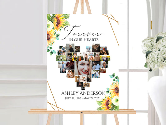 Forever in our Hearts Sunflower  Heart Photo Collage Funeral Welcome Sign Template, Editable Sunflower Hearts Memorial Photo Collage Poster Forever in our Hearts Sign