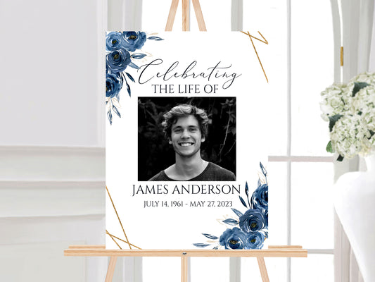 Celebration Of Life Royal Blue Flowers Gold Funeral Welcome Sign Template, In Loving Memory Sign, Royal Blue Floral Memorial Sign, Funeral Welcome Sign B2