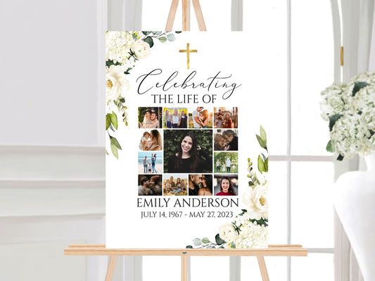 Celebration Of Life White Greenery Floral Gold Cross Photo Collage Funeral Welcome Sign Template Editable White Greenery Collage Funeral Poster, Cross Photo Memorial Sign