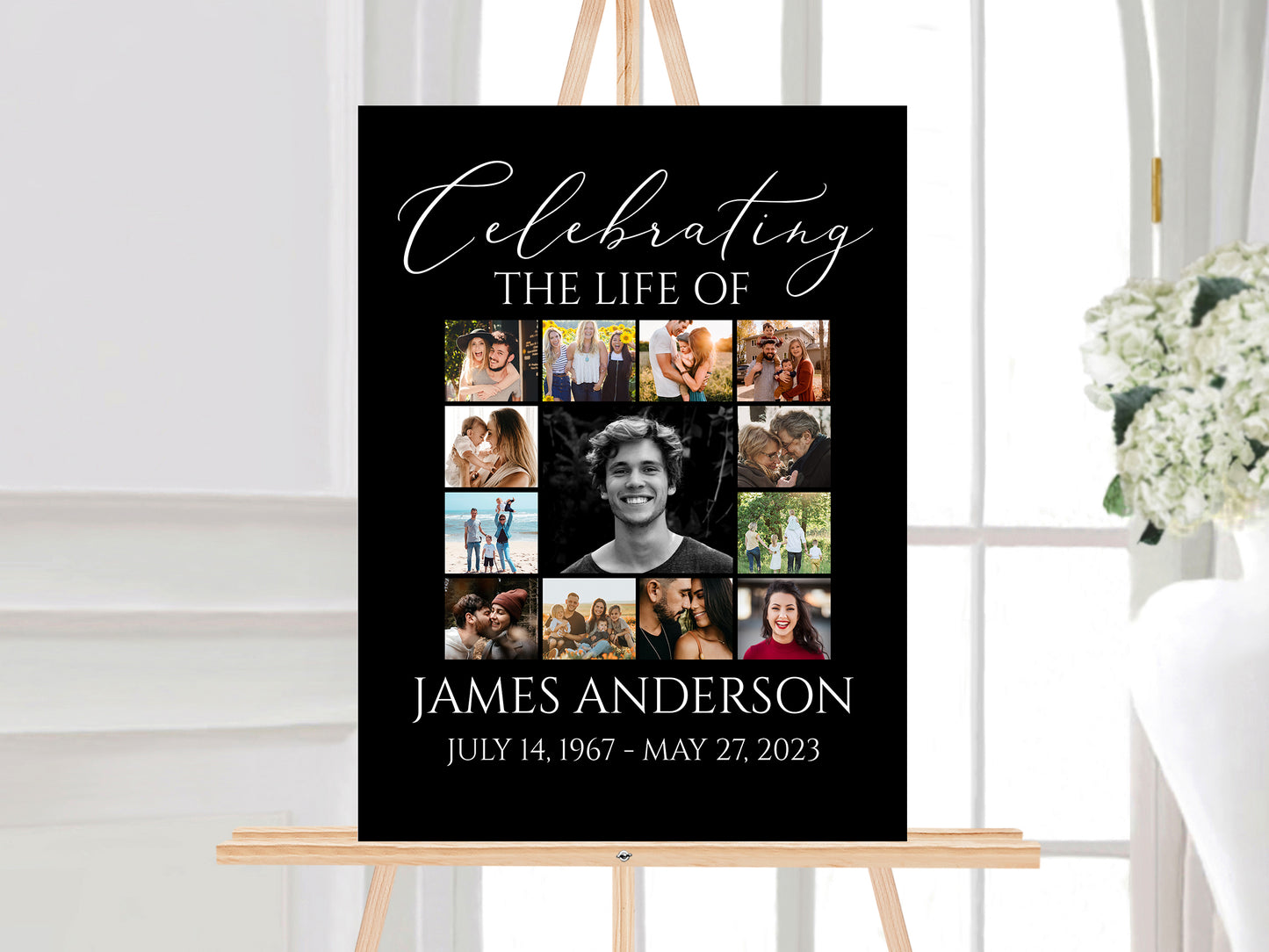 Celebration Of Life Minimalist Elegant Black Photo Collage Funeral Welcome Sign Template, Editable Simple Collage Funeral Poster, Photo Collage Memorial Service Sign