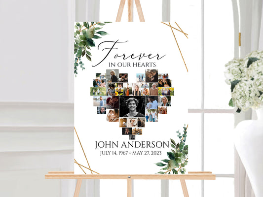 Forever in our Hearts Watercolor Greenery Gold Heart Photo Collage Funeral Welcome Sign Template, Editable Heart Photo Collage Funeral Poster, Greenery Heart Memorial Sign Q1