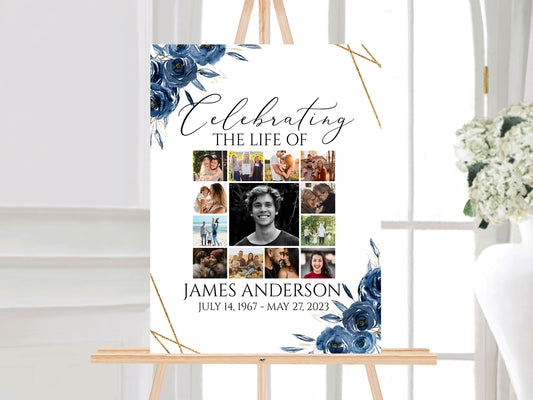 Celebration Of Life Royal Blue Flowers Gold Photo Collage Funeral Welcome Sign Template, Royal Blue Floral Photo Collage Funeral Poster Blue Photo Collage Memorial Service Sign B2