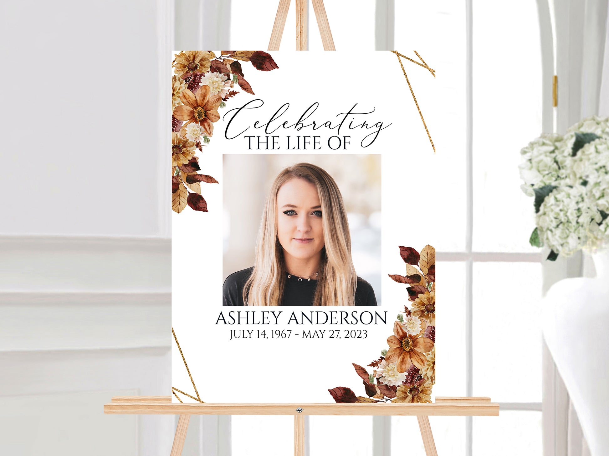 Celebration Of Life Fall Orange Brown Dried Leaves Autumn 5 Photo Collage Funeral Welcome Sign Template, Fall Watercolor Memorial Sign Funeral Poster Photo Display Set