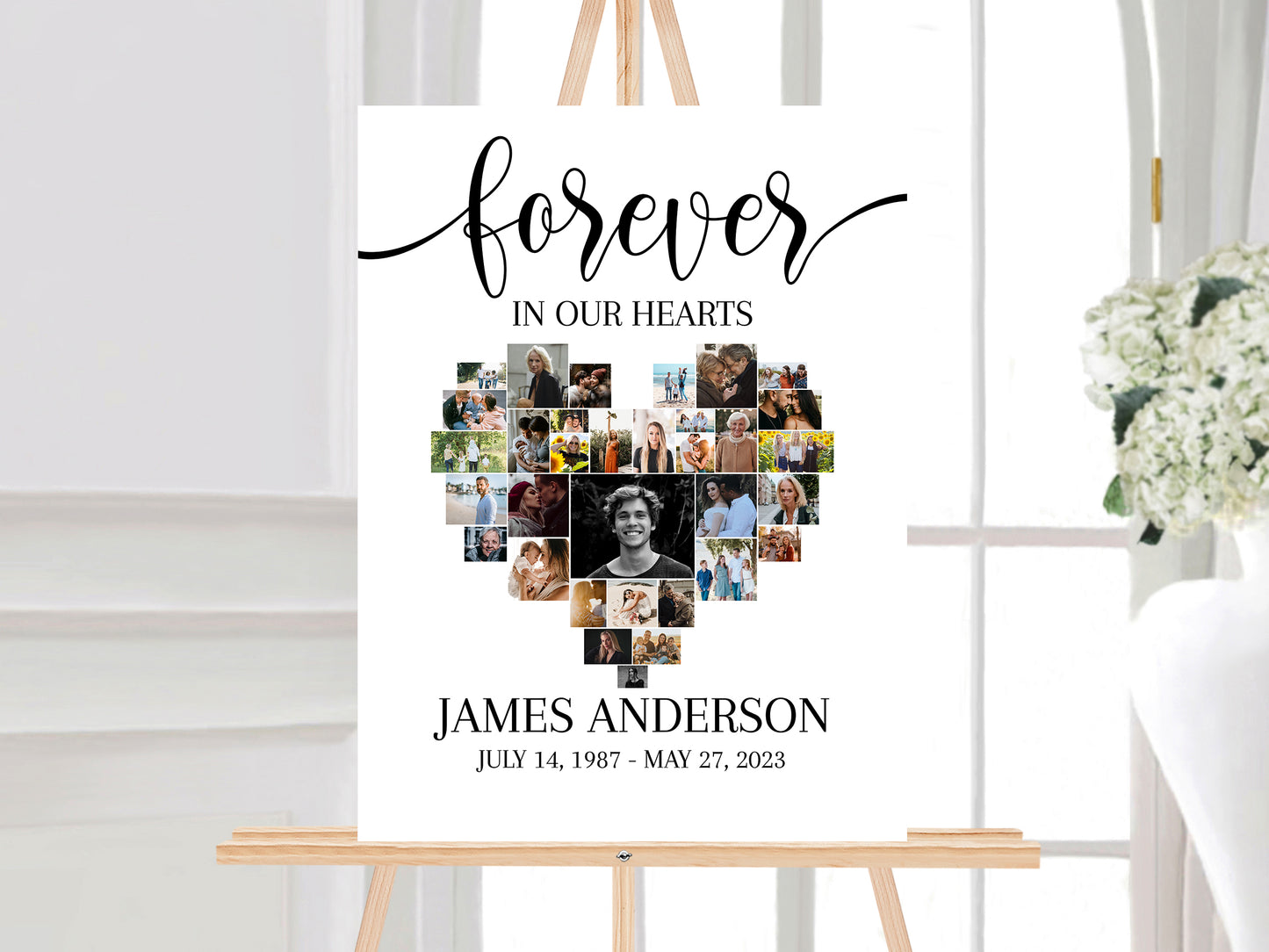 Celebration Of Life Heart Funeral Welcome Sign Editable Simple Hearts Funeral Photo Collage Poster Heart Memorial Sign Forever in our Hearts S2