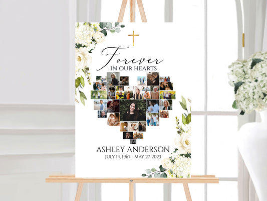 Forever in our Hearts White Greenery Floral Gold Cross Heart Photo Collage Funeral Welcome Sign Template, Editable White Greenery Cross Heart Funeral Poster Heart Memorial Sign