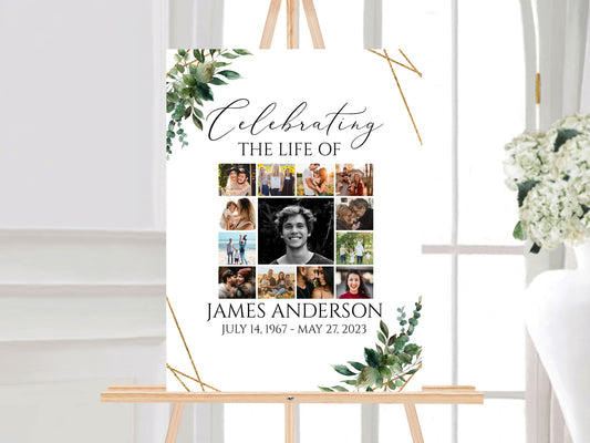 Celebration Of Life Watercolor Greenery Gold Photo Collage Funeral Welcome Sign Template, Greenery Photo Collage Funeral Poster, Photo Collage Memorial Sign Q1