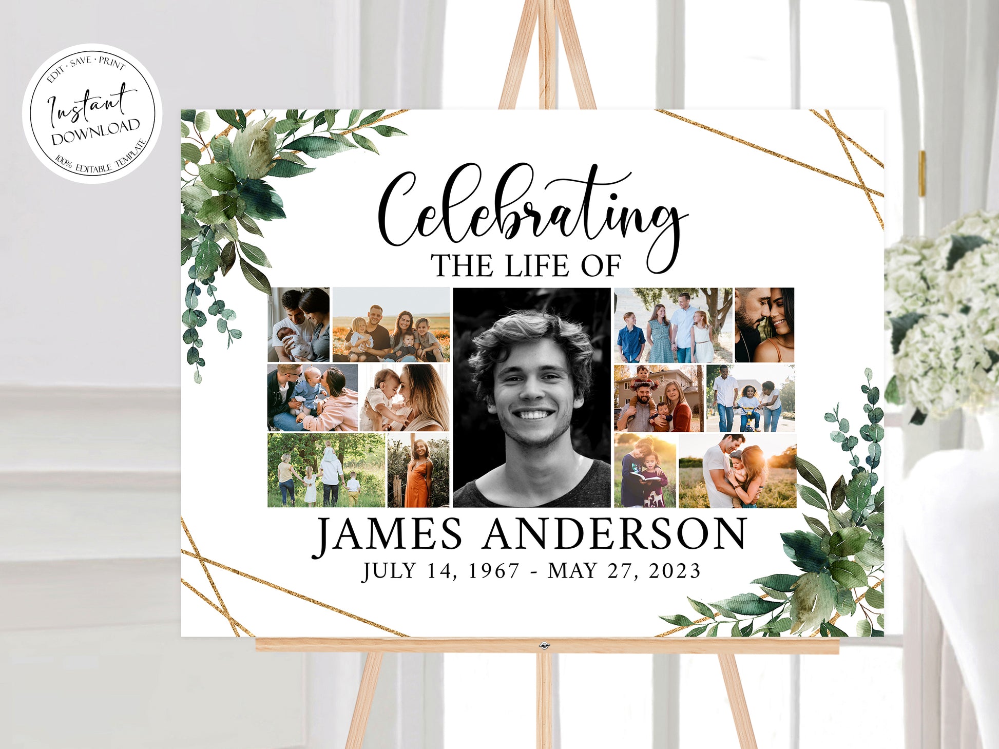 Celebration Of Life Watercolor Greenery Gold Photo Collage Funeral Welcome Sign Template, Greenery Photo Collage Funeral Poster, Photo Collage Memorial Sign Q1