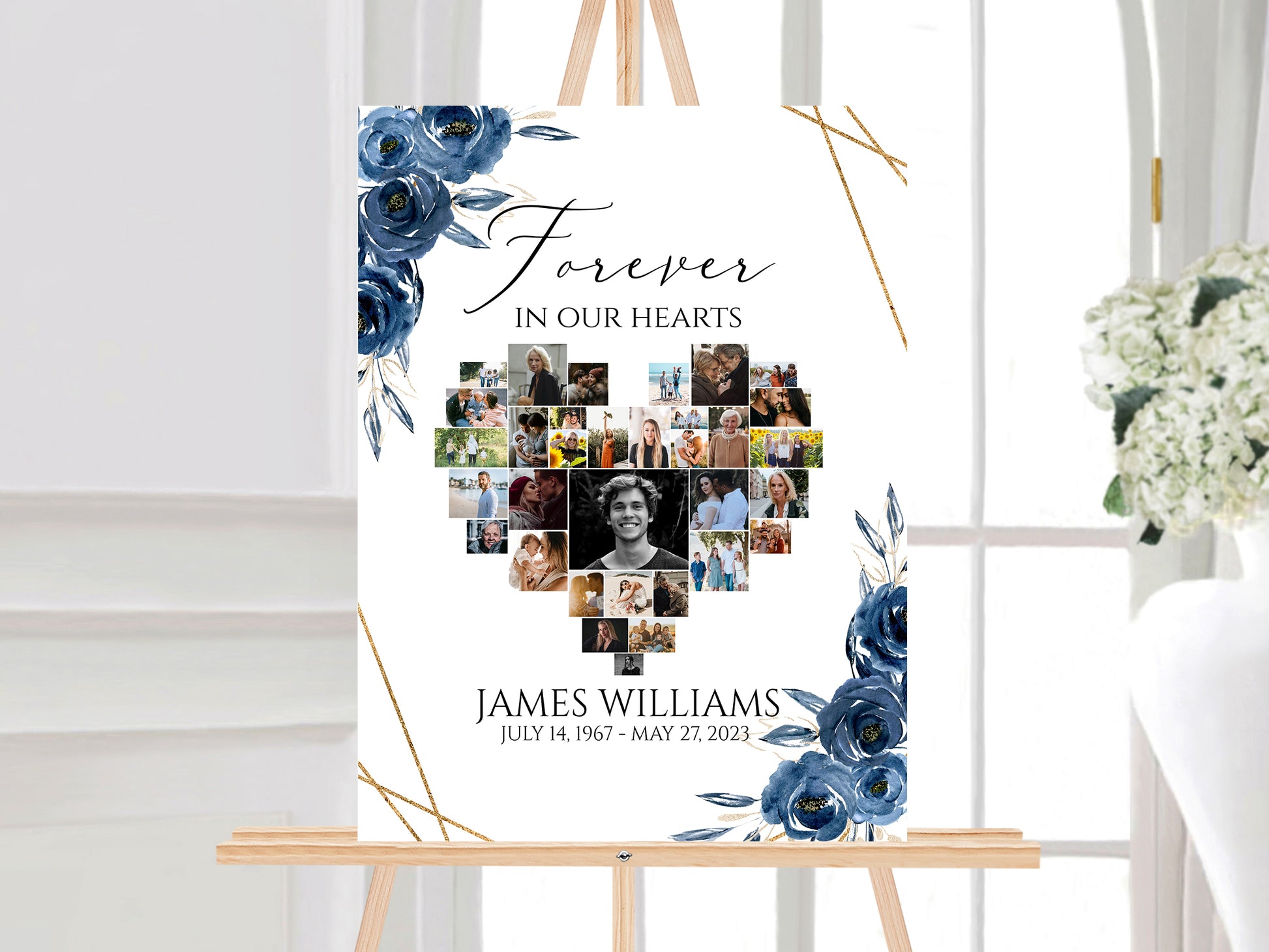 Forever in our Hearts Royal Blue Flowers Gold Heart Photo Collage Funeral Welcome Sign Template, Royal Blue Hearts Funeral Photo Collage Poster, Heart Memorial Sign B2