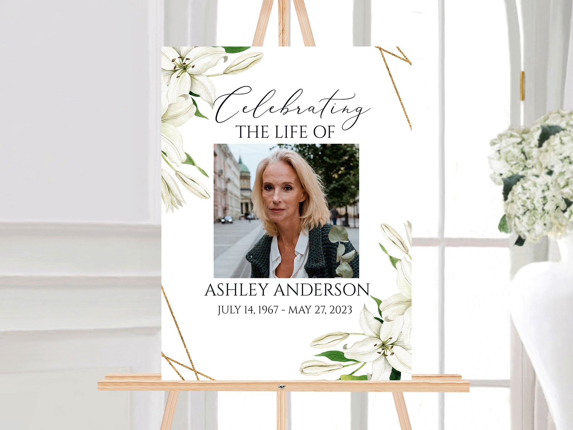 Celebration Of Life White Lilies Greenery Gold 5 Photo Collage Funeral Welcome Sign Set Templates, White Lilies Photo Memorial Sign, White Lilies Funeral Photo Display Set