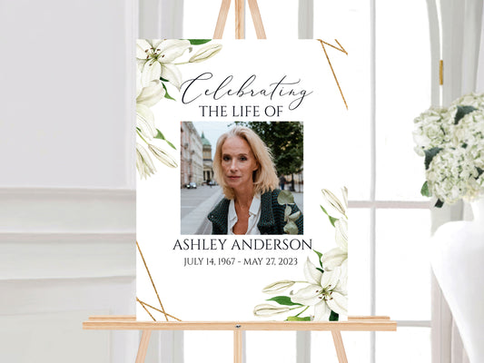 Celebration Of Life White Lilies Greenery Gold Funeral Welcome Sign Template, In Loving Memory Welcome Sign, White Lilies Memorial Sign, White Lilies Funeral Poster