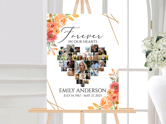 Forever in our Heart Orange Floral Gold Fall Heart Photo Collage Funeral Welcome Sign Template, Autumn Orange Forever in our Hearts Memory Sign