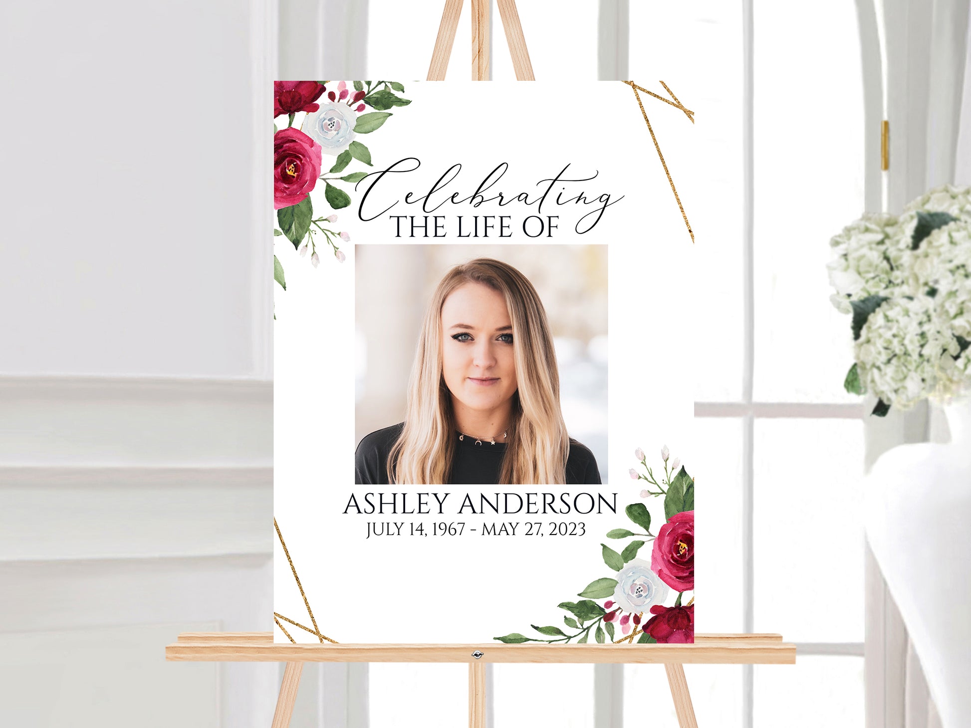 Celebration Of Life White Pink Roses Gold Funeral 5 Photo Collage Funeral Welcome Sign Set Templates, White Pink Photo Memorial Sign, Funeral Photo Display Set