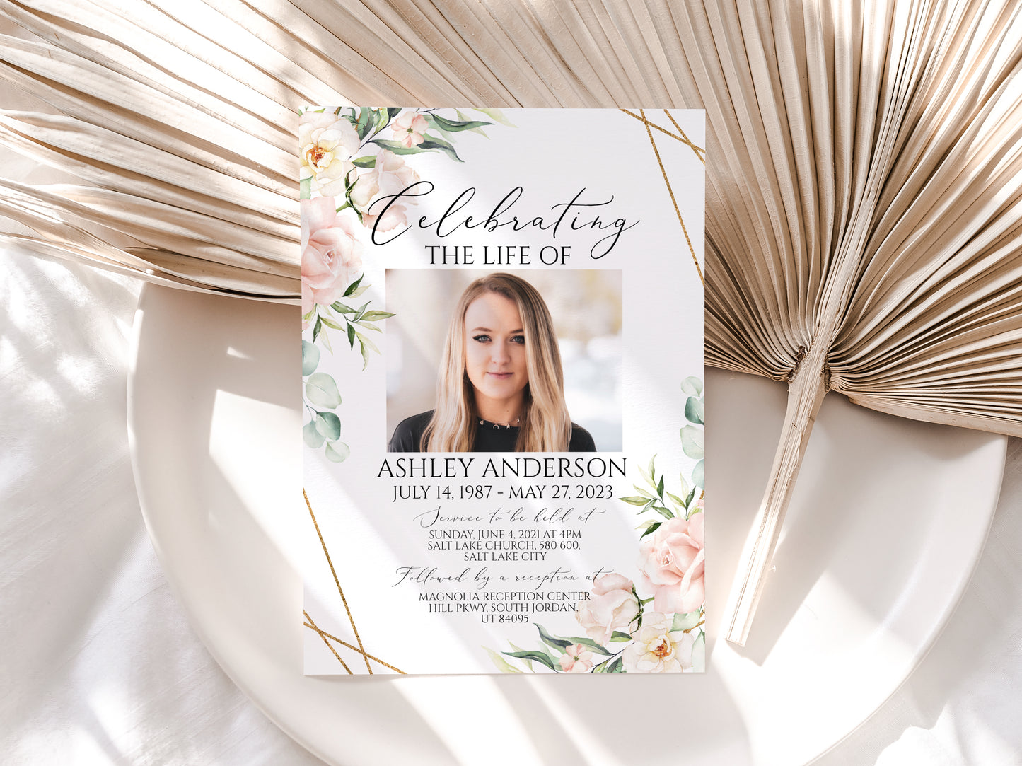 Celebration of life Invitation, Blush Pink Roses Funeral Invitation, Funeral Announcement Funeral Card Template Printable Memorial Invite P4