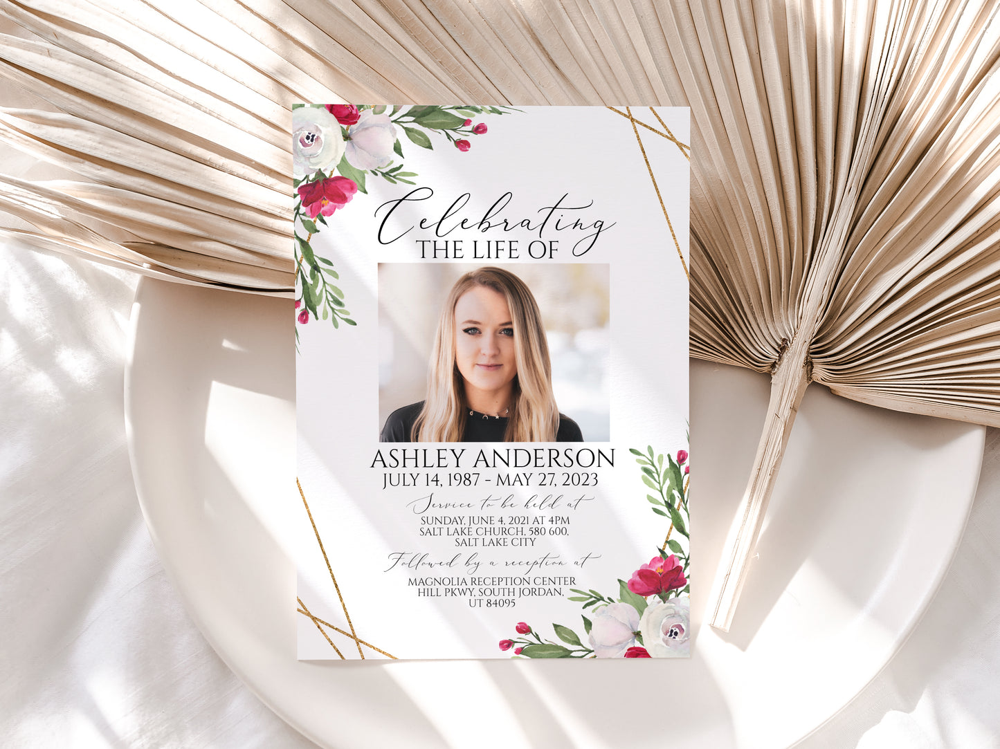 Celebration of life White Pink Roses Funeral Invitation, Funeral Announcement, White Pink Roses Funeral Cards, Printable Memorial Invite P2