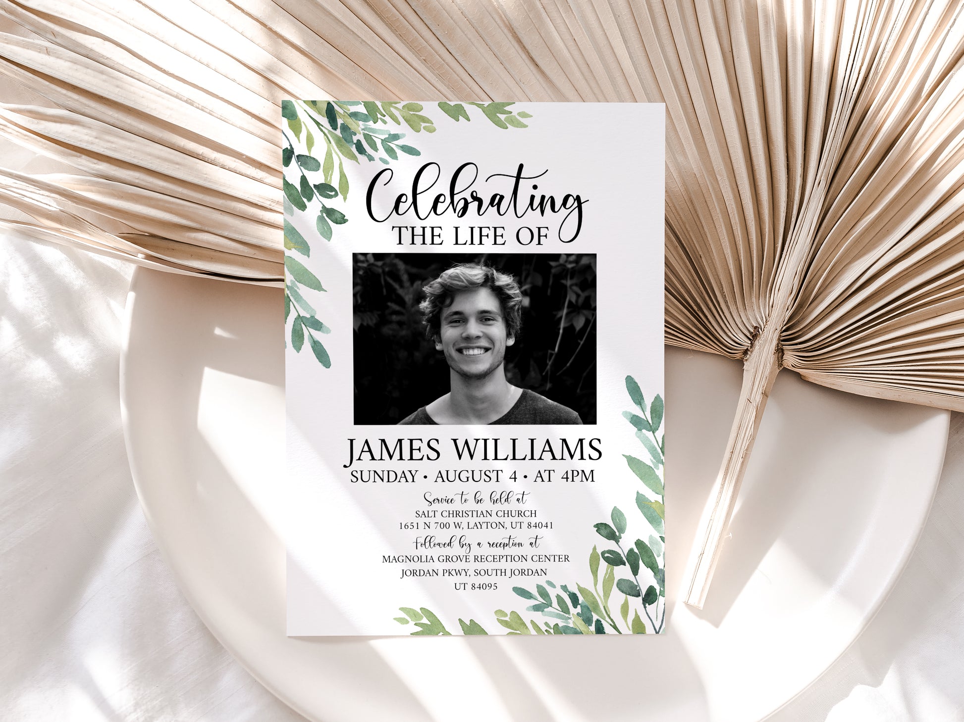 Celebration of life Watercolor Greenery Funeral Invitation Template, Funeral Announcement, Funeral Cards Template, Printable Greenery Memorial Invitation G2