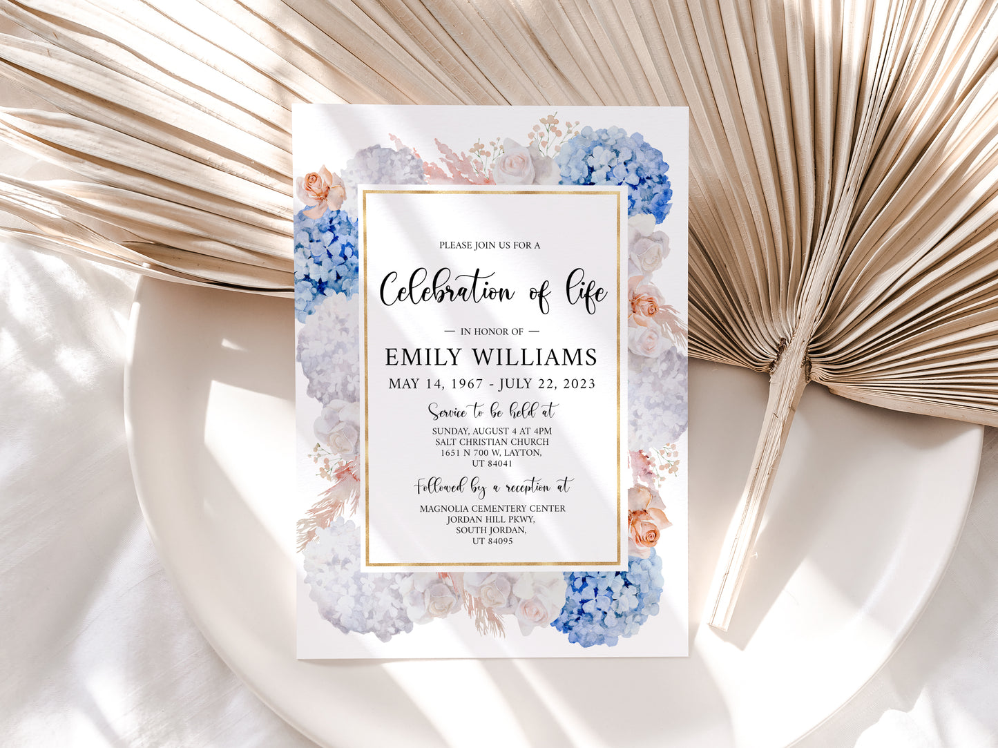 Celebration of life Blush Roses White Blue Hydrangea Funeral Invitation Template, Blue Hydrangea Funeral Announcement, Printable Memorial Service Invite