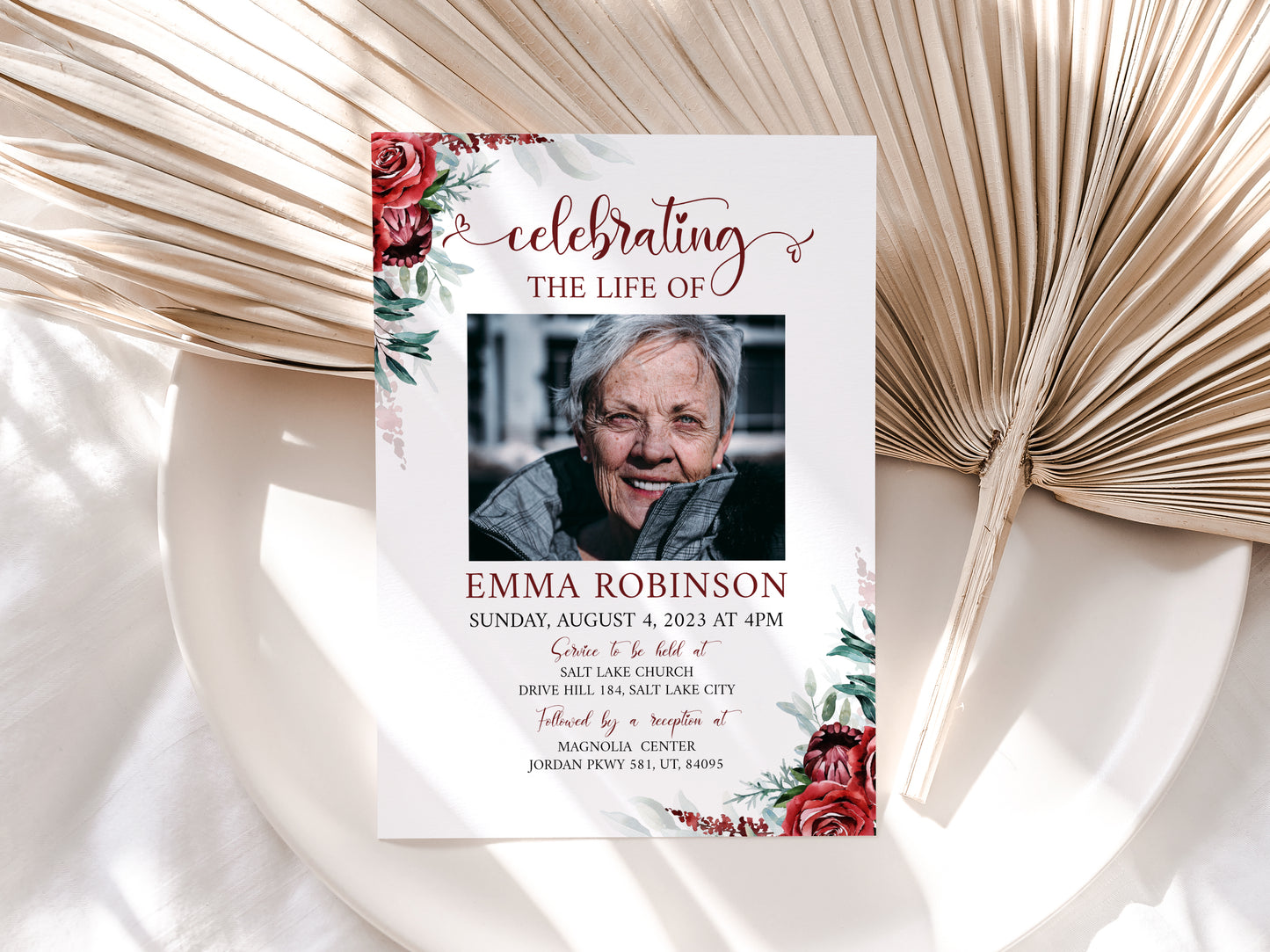 Celebration of life Burgundy Red Roses Funeral Invitation Template R2