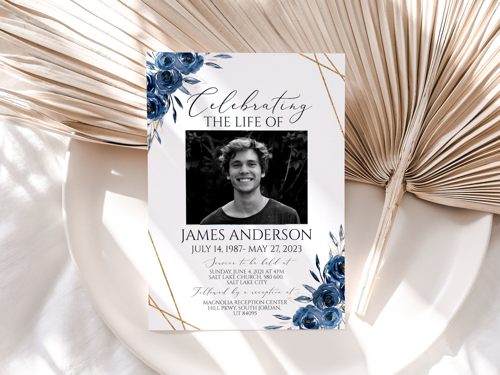 Celebration of life Royal Blue Flowers Gold Funeral Invitation Template, Funeral Announcement, Blue Funeral Cards Template Printable Blue Memorial Invitation B2