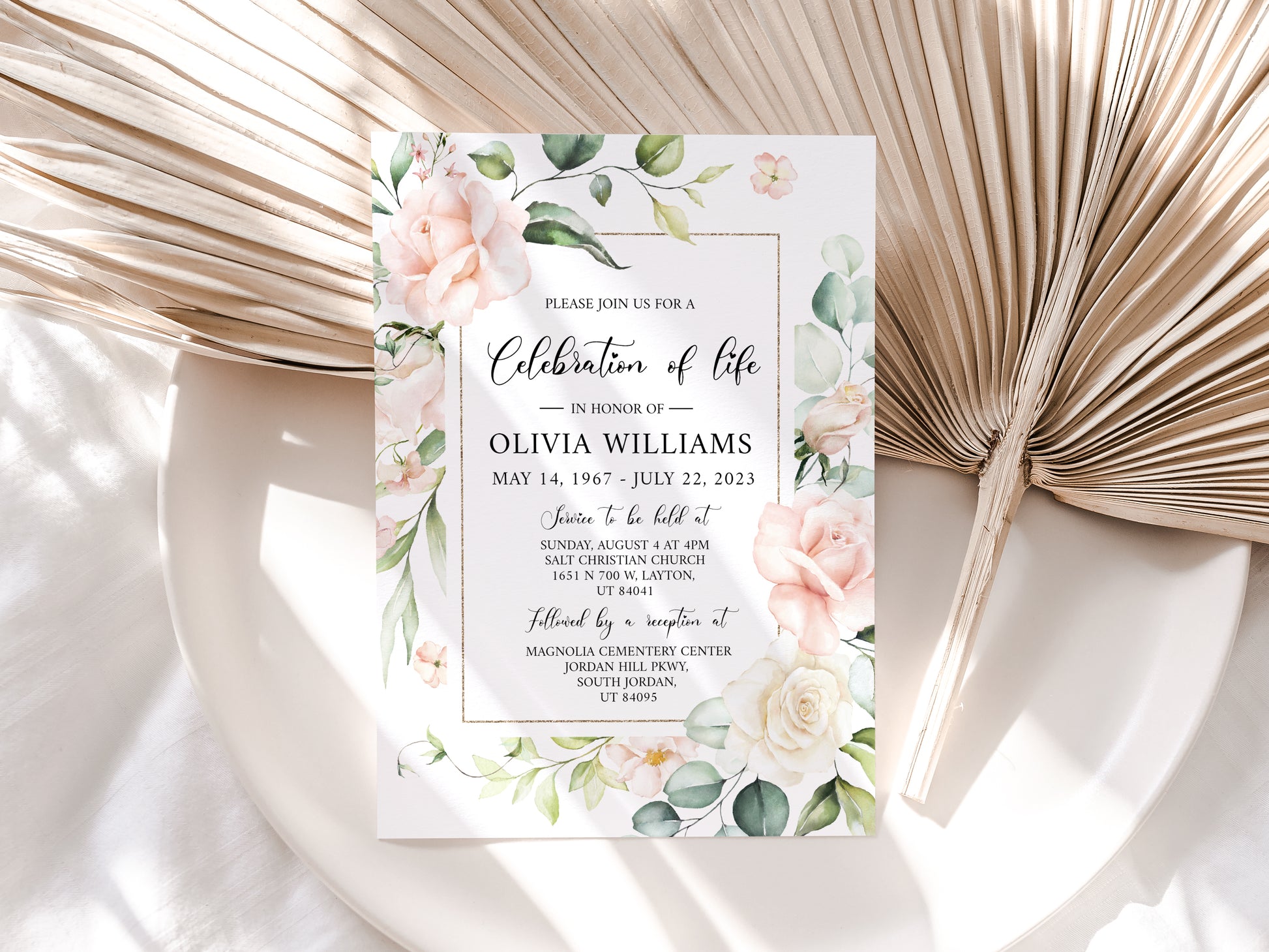 Celebration of life Invitation, Blush Pink Roses Funeral Invitation, Funeral Announcement Funeral Card Template Printable Memorial Invite P4