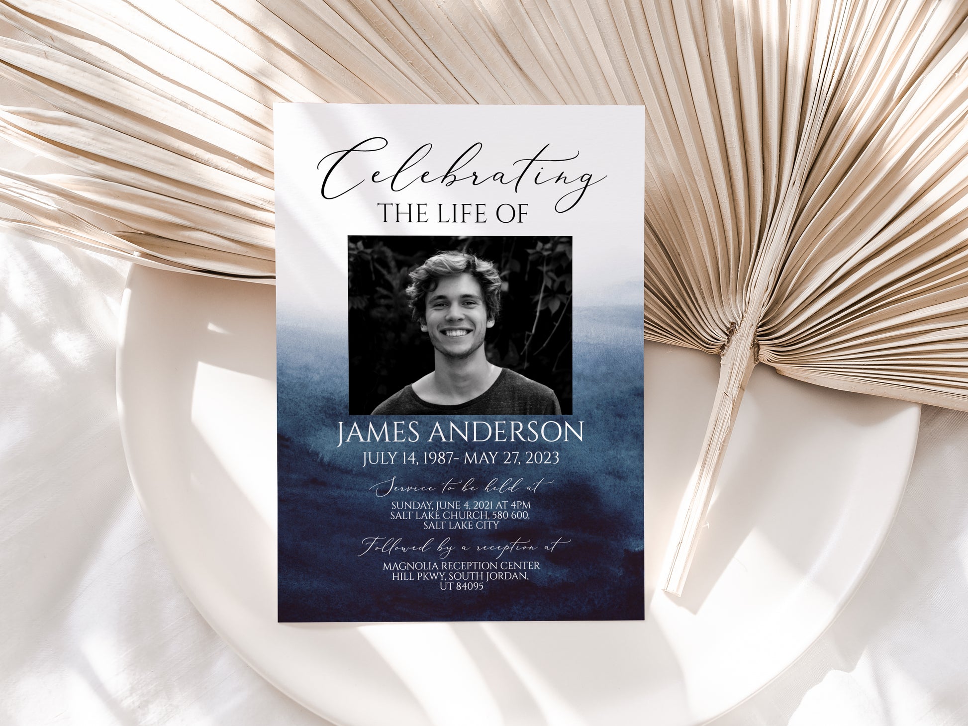 Celebration of life Blue Watercolor Funeral Invitation Template, Funeral Announcement for men, Printable Ocean Watercolor memorial service