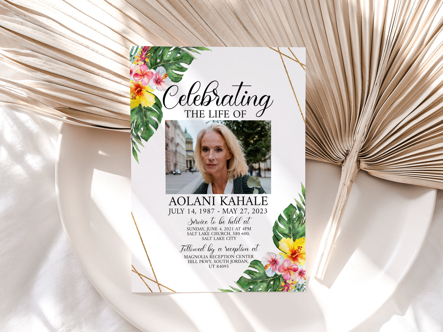 Celebration of life Tropical Hawaiian Plumeria Funeral Invitation Template H1