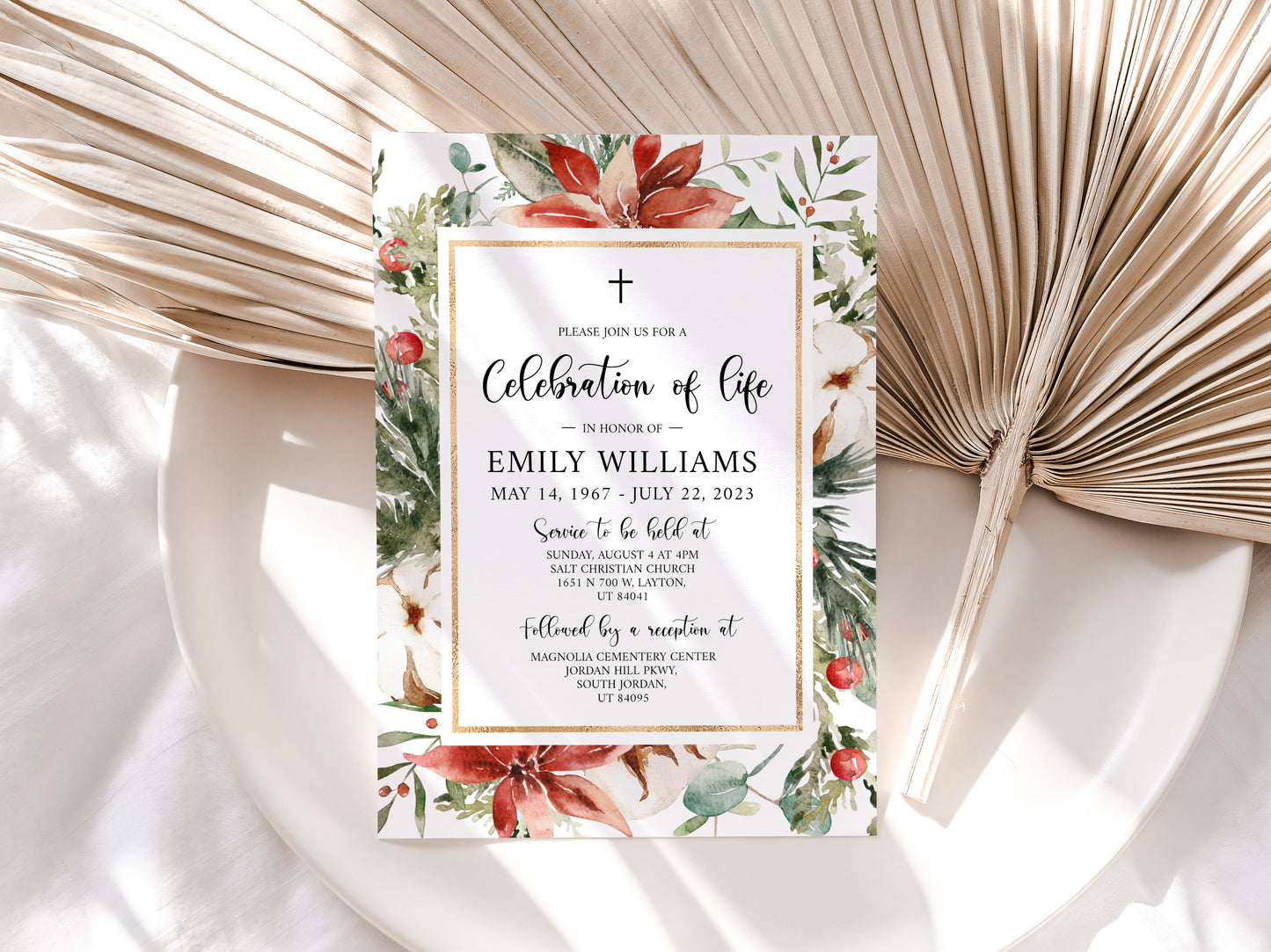 Celebration of life Cross Christmas Winter Red Greenery Gold Funeral Invitation Template, Winter Red Greenery Funeral Announcement Printable Winter Red Greenery memorial Invite