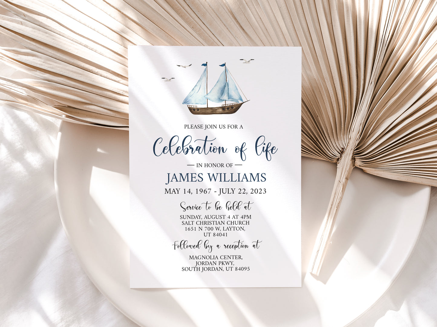 Celebration of life Watercolor Nautical Sailboat Funeral Invitation Template, Nautical Funeral Card Template, Printable Sailboat Memorial Service