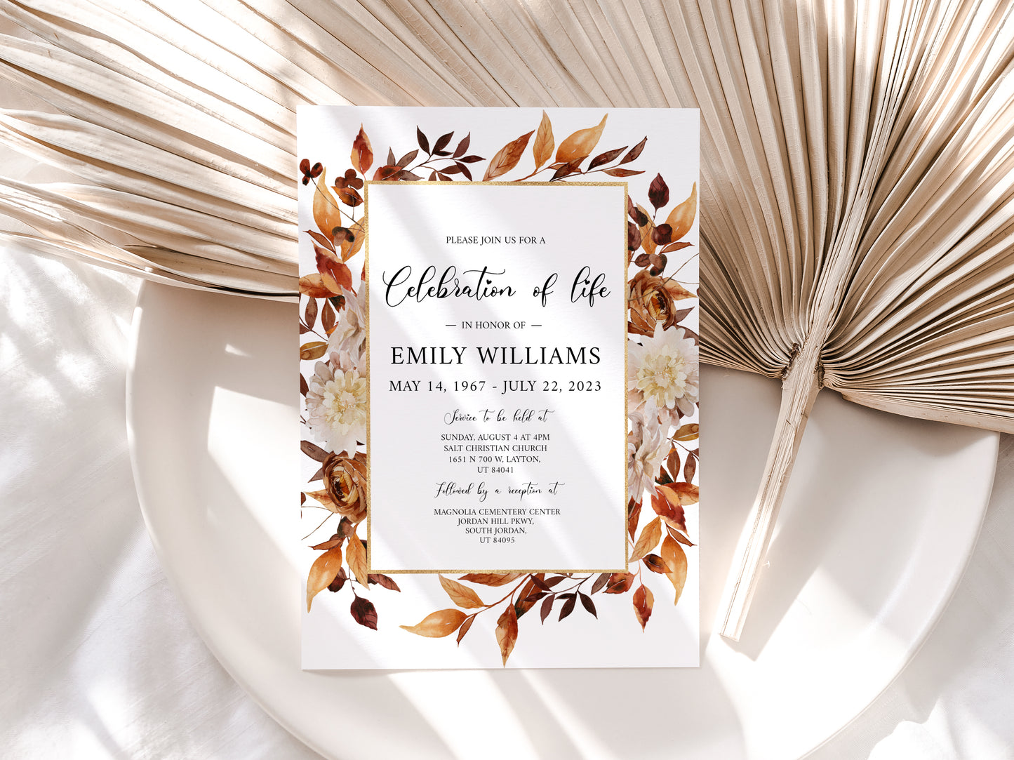 Celebration of life Orange Brown Dried Leaves Fall Funeral Invitation Template P4