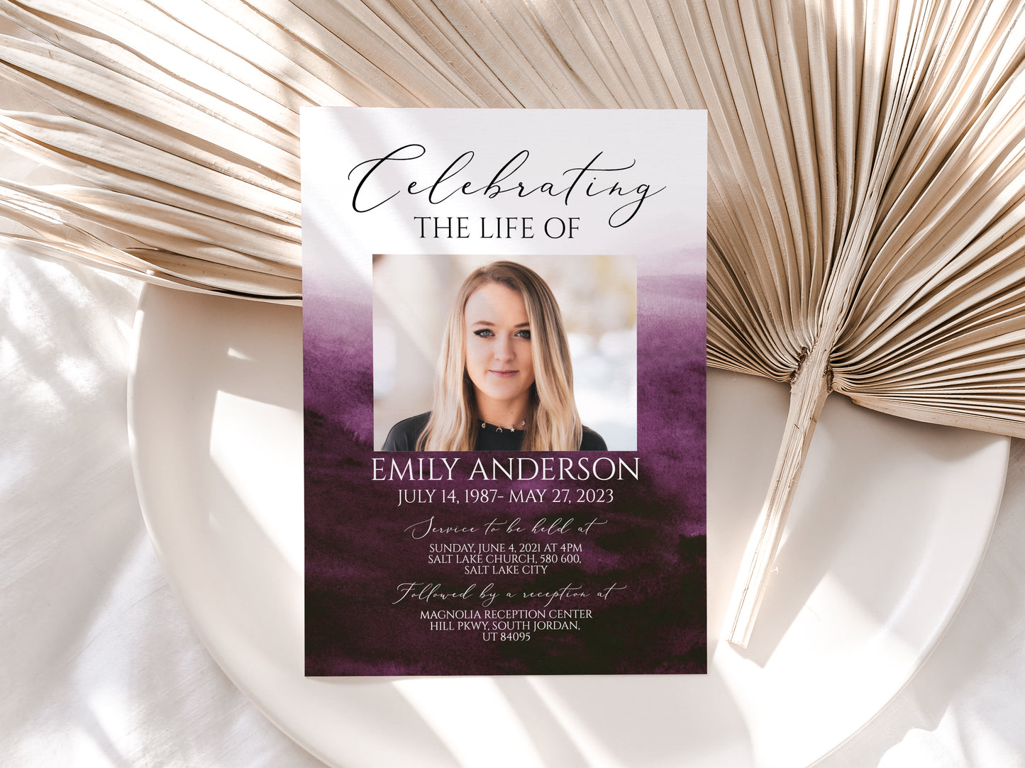 Celebration of life Pink Fuchsia Watercolor Funeral Invitation Template, Pink Watercolor Funeral Announcement, Purple Memorial Service Invite 