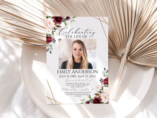 Celebration of life Invitation, Funeral Invitation, Red Roses Funeral Announcement, Funeral Card Template Red Memorial Service Invitation R1