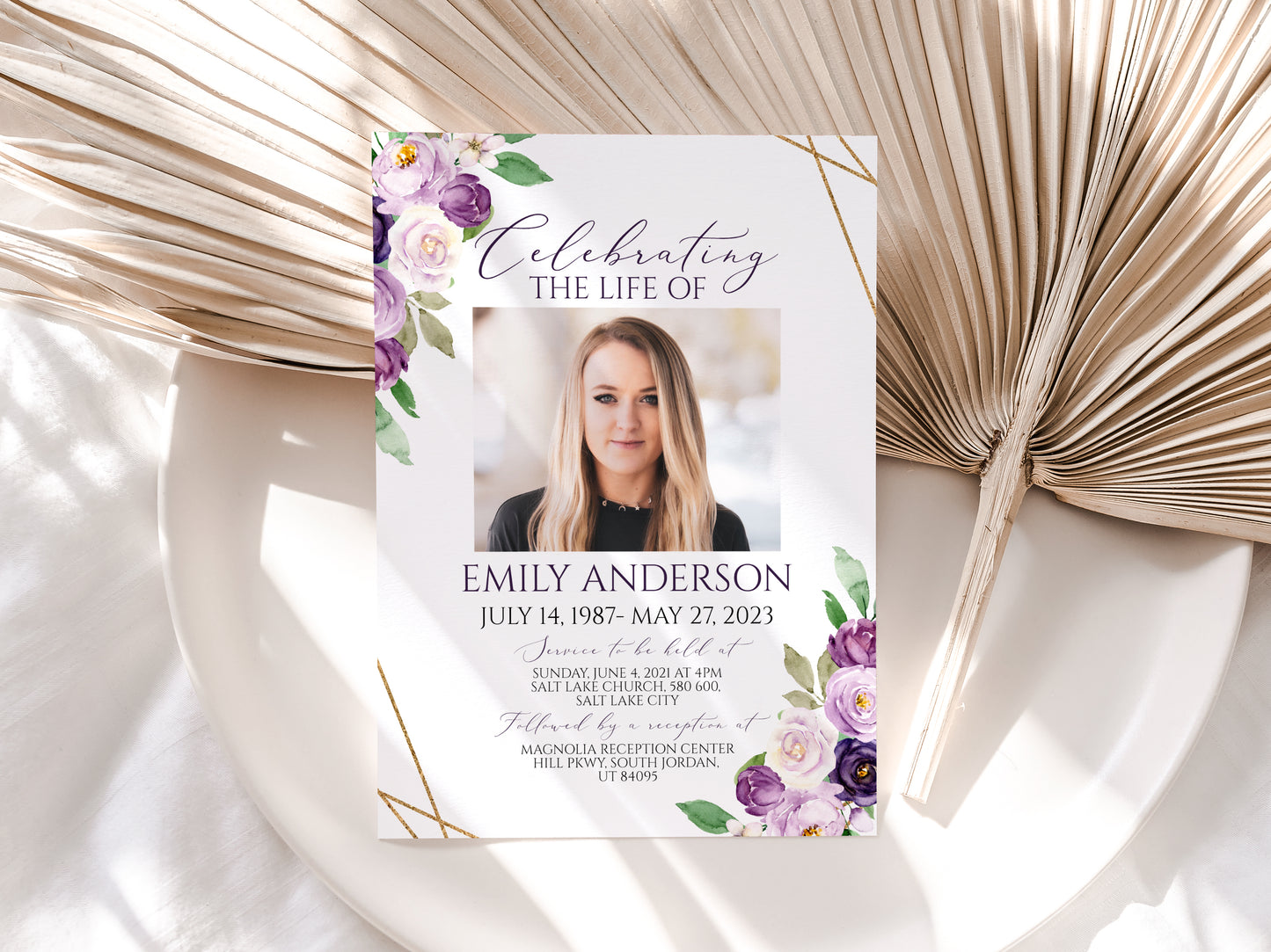 Celebration of life Invitation, Funeral Invitations, Purple Funeral Announcement, Funeral Card Template, Purple Memorial Service Invitation, P1