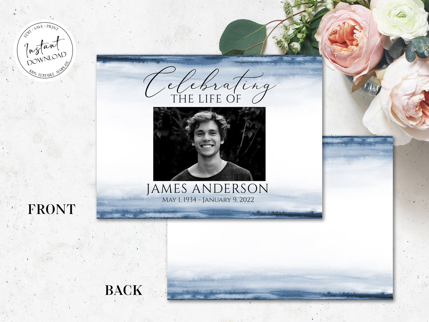 Celebration of life Blue Watercolor Funeral Guest Book Template, Printable Ocean Watercolor Remembrance Memorial Guest Book Condolence Book, Instant Down